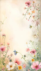 Watercolor colorful summer flowers background with empty space for text. Boho wallpaper floral. 