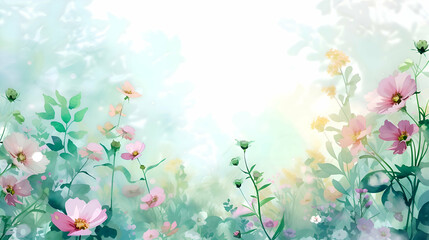 Obraz na płótnie Canvas Watercolor colorful spring flowers background with empty space for text. Boho wallpaper floral. 