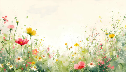 Watercolor colorful spring flowers background with empty space for text. Boho wallpaper floral. 