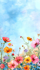 Watercolor colorful spring flowers background with empty space for text. 