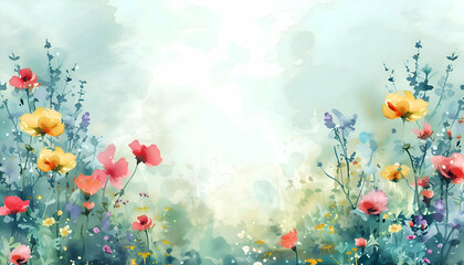 Watercolor colorful spring flowers background with empty space for text. Boho wallpaper floral. 
