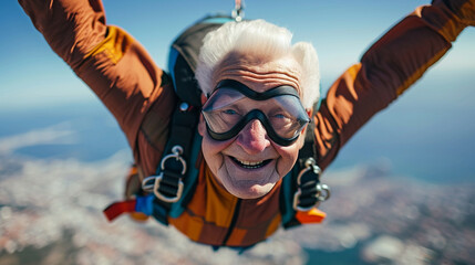 Old grey haired senior citizen sky diving alone. Having fun doing extreme sports. Grandpa retired but not tired.