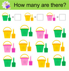 Math activity for kids. Developing numeracy skills. Cartoon baby bucket