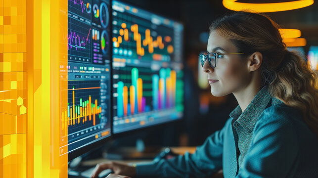 Financial analyst female businesswoman looking at many screens filled with data charts. - Powered by Adobe