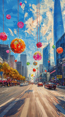 Shanghai parade decoration on the road. Celebrate the Chinese Lunar New Year or Spring Festival