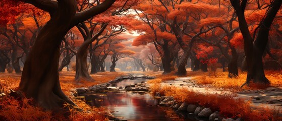 A fantastic beautiful autumn landscape with an oak forest, trees with orange-red and yellow leaves.