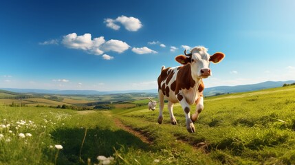Happy cow with open mouth in lush green meadow banner shot, farm animal grazing in sunny field