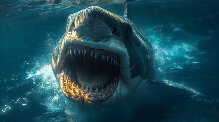 Ocean shark bottom view from below. Open toothy dangerous mouth with many teeth. - obrazy, fototapety, plakaty