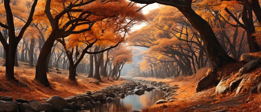 A fantastic beautiful autumn landscape with a river, an oak forest, trees with orange-red and yellow leaves.