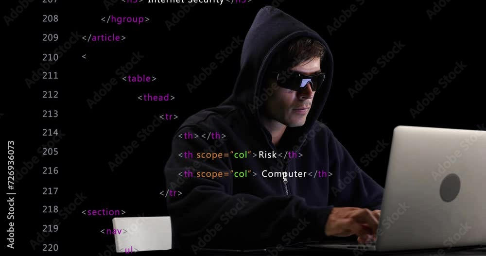 Poster animation of data processing over male computer hacker using laptop
