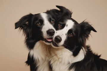 studio portrait of two dogs hugging. happy border collies on beige background. Love, relationship, funny