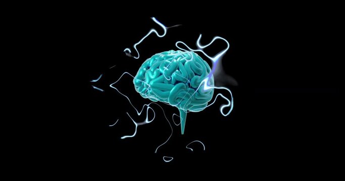 Animation of human brain and trails of smoke over black background