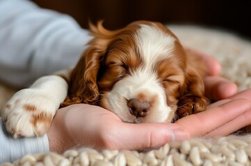 A beautiful spaniel puppy lies on a man's hand