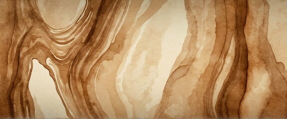 Abstract brown watercolor flow down drip hand painted on a textured paper background from Generative AI