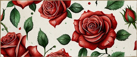 Watercolor flow down drip hand painted red roses on a textured paper background from Generative AI