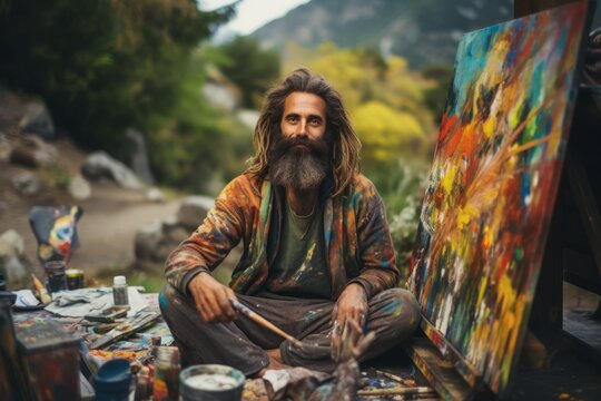 Artist painting on the street in the mountains. Man with long beard and mustache.