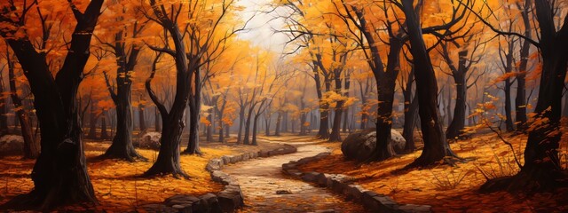 A fantastic magical autumn landscape with a path, an oak forest, trees with orange-red and yellow leaves on a sunny day. Nature, landscape, environment concepts. - obrazy, fototapety, plakaty