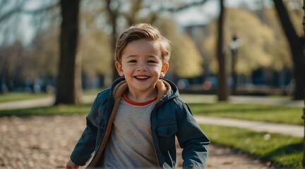 Fototapeta premium Kid boy at the park in spring running and smiling at camera from Generative AI