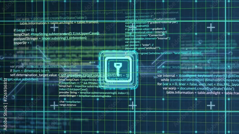 Poster animation of key and data processing over black background