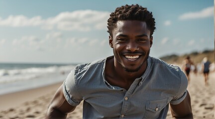 Handsome young black african man at the beach summer holiday vacation running and smiling at camera from Generative AI