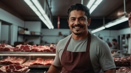 Fototapeta premium Handsome hispanic man butcher standing in the meat shop smiling at camera from Generative AI