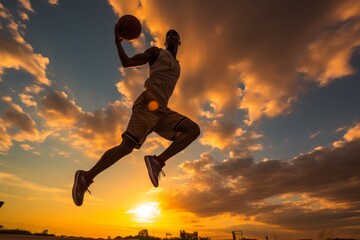 Powerful street basketball slam dunk at sunset - athletic male outdoor training in sport and competition concept