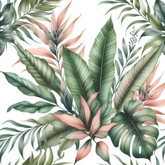 Green and blush tropical leaves on white background. Watercolor hand painted seamless border. Floral tropic illustration. Jungle foliage pattern.