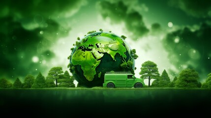 sustainable green truck driving through lush green scenery with forest and mountains