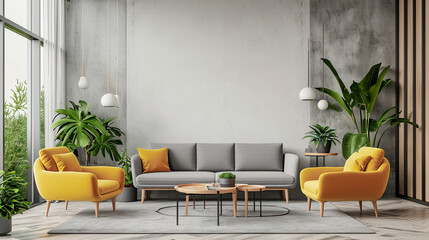 Habitación de apartamento moderno en interior con sofás gris y amarillos. Hogar de diseño con pared en blanco.