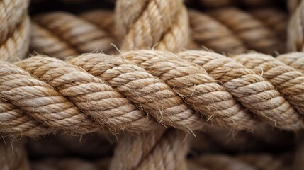Fototapeta na wymiar Closeup of old thick nautical rope. Heavy strong ropes background.