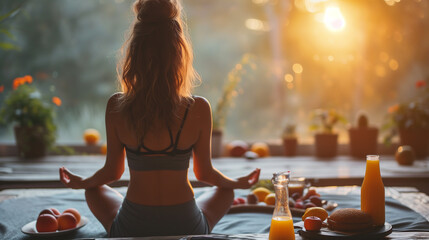Morning wellness routine, young woman meditating in the morning with a cup of orange juice. - obrazy, fototapety, plakaty