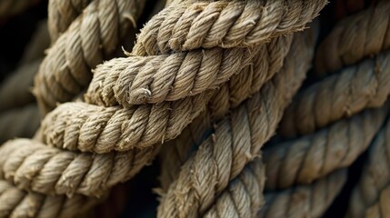 Closeup of old thick nautical rope. Heavy strong ropes background.