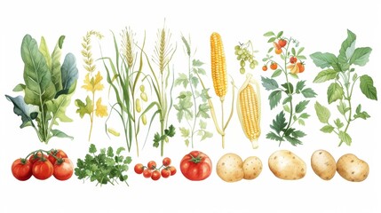 watercolor, hand-drawn illustration of vegetables and fruits. fresh food design elements: greenery, leaves, corn, wheat, tomato, potato, leaves, stalks, Broccoli, carrot, pepper, garlic, and zucchini - obrazy, fototapety, plakaty