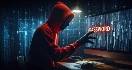 A hacker in a red hooded sweatshirt, grabs the word password on a computer screen ,generative ai  art