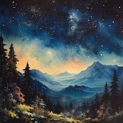 Fototapeta na wymiar oil painting vintage painting, night sky, stars, mountains, tree Ai generative 