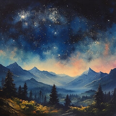 oil painting vintage painting, night sky, stars, mountains, tree Ai generative 
