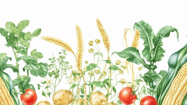 watercolor, hand-drawn illustration of vegetables and fruits. fresh food design elements: greenery, leaves, corn, wheat, tomato, potato, leaves, stalks, Broccoli, carrot, pepper, garlic, and zucchini