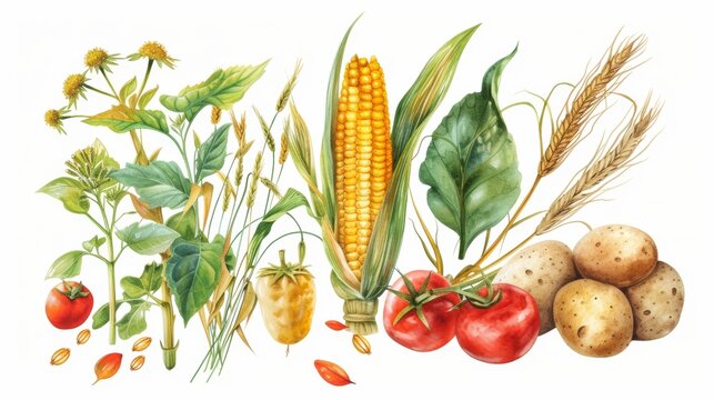 watercolor, hand-drawn illustration of vegetables and fruits. fresh food design elements: greenery, leaves, corn, wheat, tomato, potato, leaves, stalks, Broccoli, carrot, pepper, garlic, and zucchini