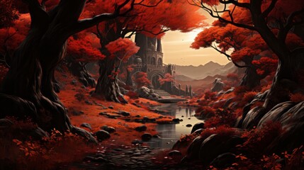 Fantasy Autumn dense forest with oaks trees with red-bright leaves. - obrazy, fototapety, plakaty