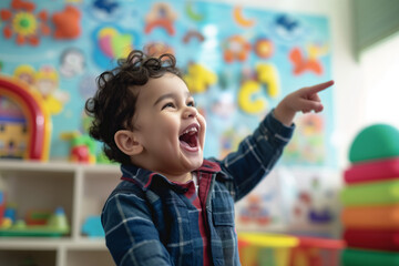Joyful Toddler Laughing, Colorful Playroom Discovery and Fun