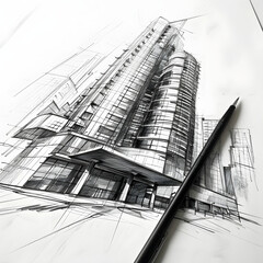 Pencil sketch modern building on white paper.