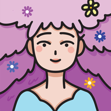 Cute chibi korean japanese simple character styled vector illustration avatar isolated on square background template. Beautiful female profile picture with pink flowery hair and blue colored clothes.