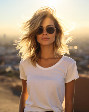 A beautiful girl wearing sunglasses with blonde hair. Generative AI