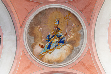 Saint Ulrich from Augsburg in heaven. Fresco in the Parish Church of Urtijëi, late 18th century. South Tyrol, Italy