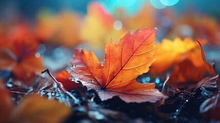 Colorful leaves in hoarfrost in late autumn or early winter with beautiful smooth bokeh background. Created with Generative AI
