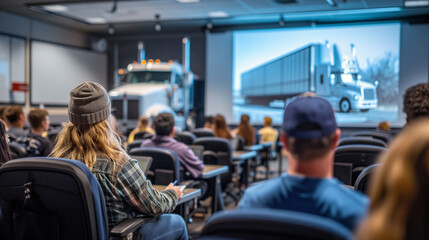 Trucking school class interior. Truck education curriculum presented. 