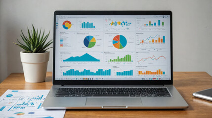 Modern laptop displaying colorful infographics including pie charts, bar graphs, and line charts on screen, placed on a wooden desk beside printed graphs and a green plant