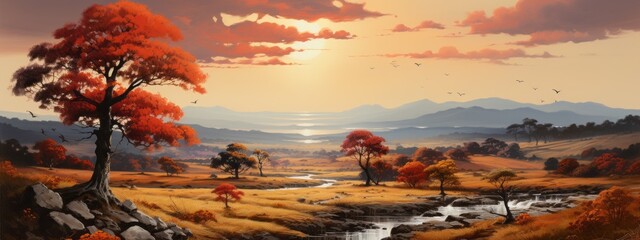 A fantastic beautiful flat landscape with a river, autumn trees with orange-red and yellow leaves at sunset. Golden Hour, Nature, landscape, environment concepts. - obrazy, fototapety, plakaty