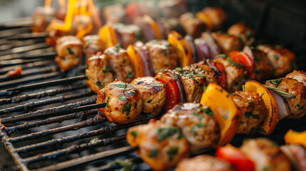 Outdoor grilling of chicken and pork kebab with vegetables. Closeup of the savory meal.