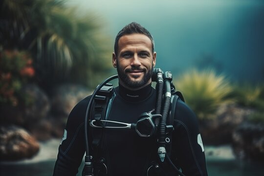 Portrait of a man with scuba diving equipment looking at camera